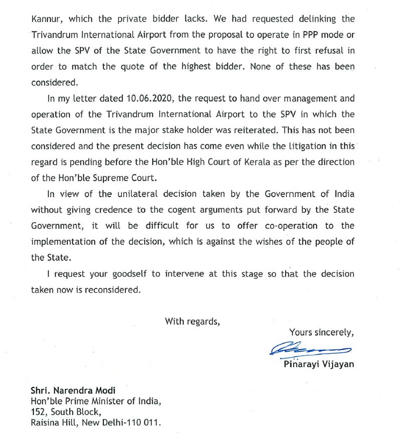 cm kerala, pinnarai vijayan, letter, pm narendra modi, privatisation of airport