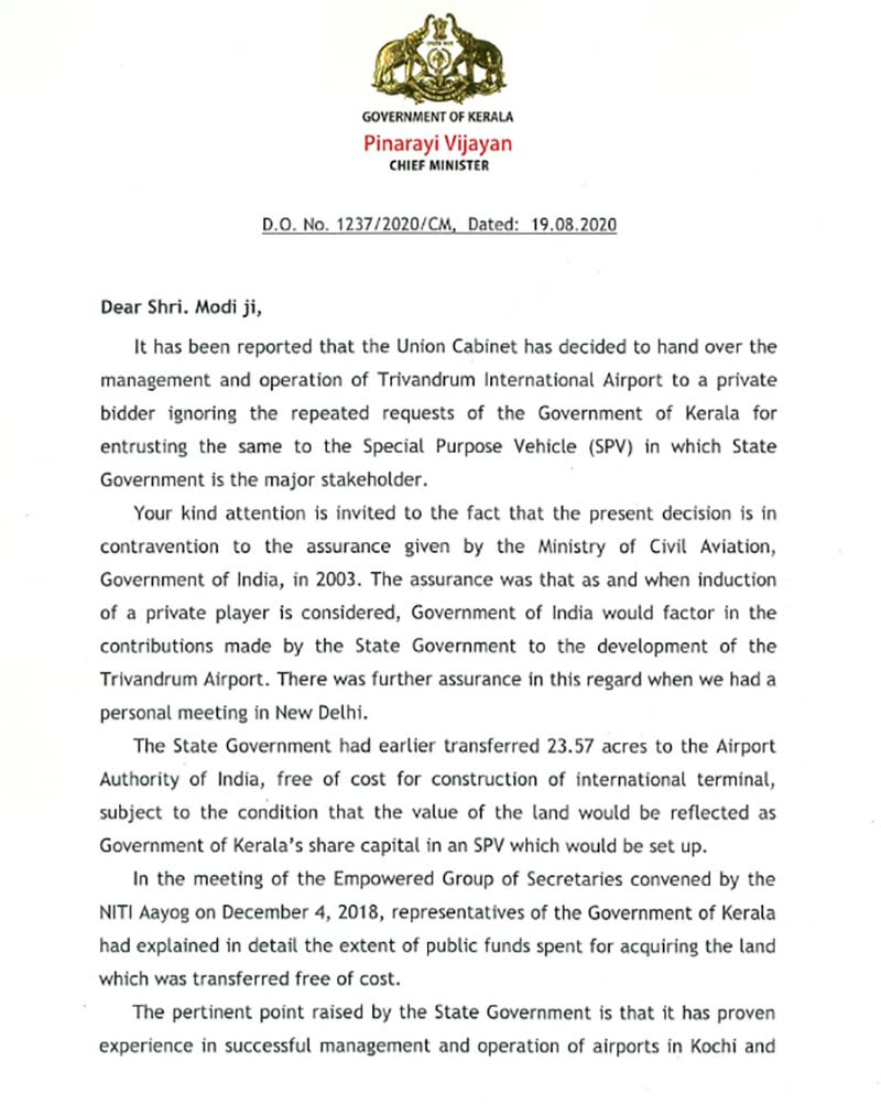 kerala cm, pinnrai vijayan, letter, prime minister, narendra modi