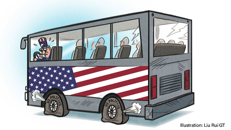 US politics, bus, punctured,