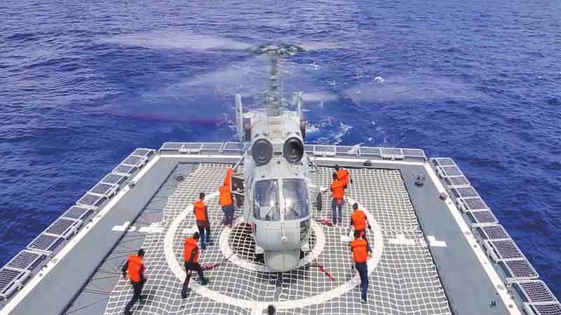 A Ka-28 anti-submarine helicopter of the Chinese People's Liberation Army (PLA) on the flight deck of the Type 052C guided missile destroyer Changchun on August 8, 2022. The PLA Eastern Theater Command continued realistic combat-oriented joint exercises in sea and air space around the island of Taiwan on August 8. Photo: Courtesy of PLA Eastern Theater Command's Sina Weibo account