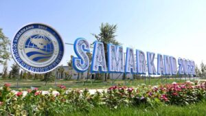 A signboard of the SCO Samarkand Summit is seen in Samarkand, Uzbekistan. Photo: Courtesy of Embassy of Uzbekistan in China