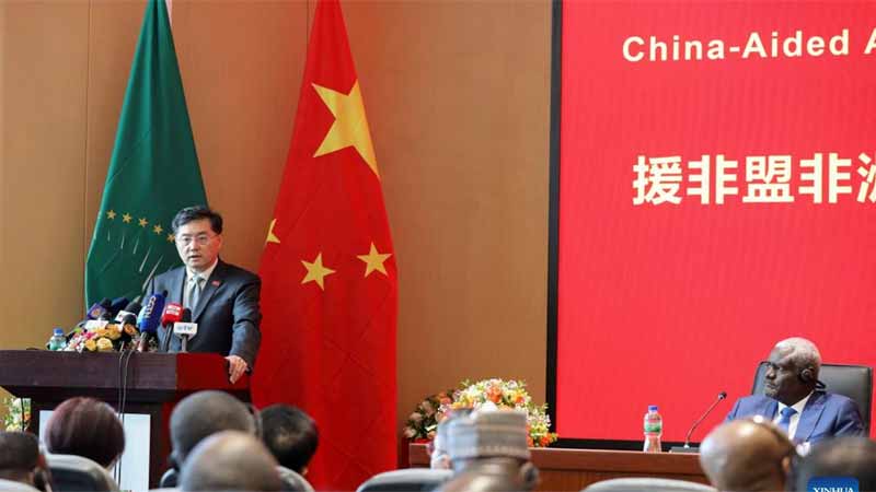 Chinese Foreign Minister Qin Gang makes remarks in a joint press conference with the Chairperson of the African Union (AU) Commission Moussa Faki Mahamat in Addis Ababa, the capital of Ethiopia, on Jan. 11, 2023. Photo: Xinhua