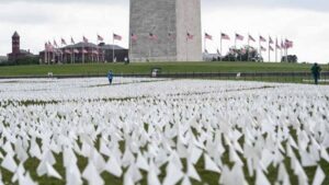 White flags are seen on the National Mall in Washington, D.C., the United States, on Sept. 16, 2021. More than 660,000 white flags were installed here to honor the lives lost to COVID-19 in the United States.Photo:Xinhua