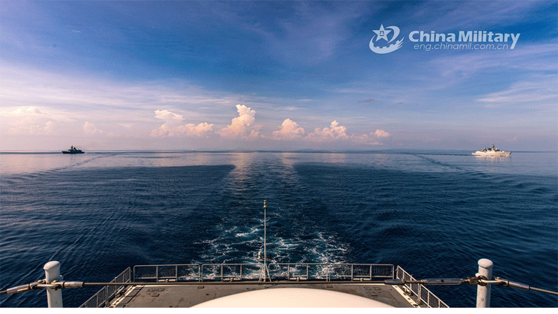 The guided-missile destroyers Hohhot (Hull 161) and Wuhan (Hull 169), together with the guided-missile frigate Hengyang (Hull 568), steam in formation in an undisclosed sea area during a 4-day maritime real-combat training exercise on September 2, 2020. All the warships are attached to a naval destroyer flotilla under the PLA Southern Theater Command. (eng.chinamil.com.cn/Photo by Li Wei)