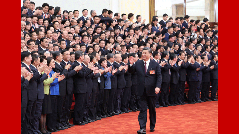 Chinese President Xi Jinping waves to deputies to the 14th National People's Congress (NPC), China's national legislature, as the closing meeting of the 1st session of the 14th NPC is held at the Great Hall of the People in Beijing on March 13, 2023. Photo: Xinhua