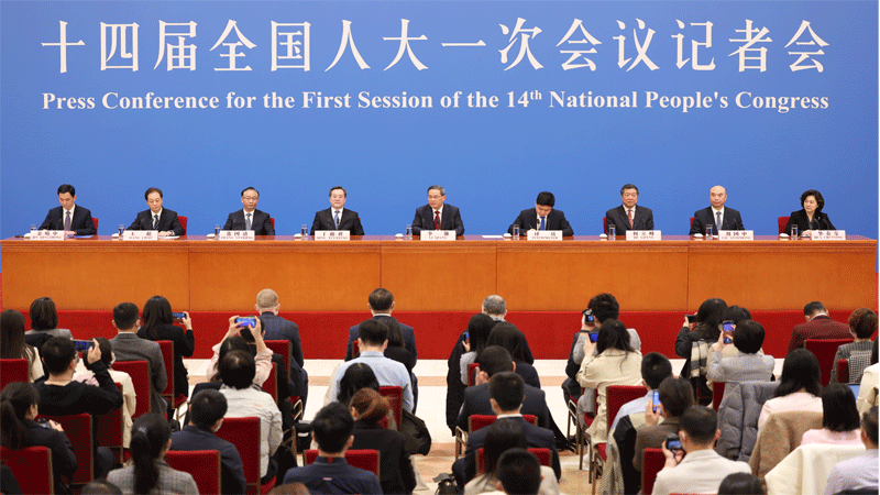 Chinese Premier Li Qiang meets the press after the closing of the first session of the 14th National People's Congress at the Great Hall of the People in Beijing on March 13, 2023. Vice premiers Ding Xuexiang, He Lifeng, Zhang Guoqing and Liu Guozhong attended the press conference. Photo: cnsphoto