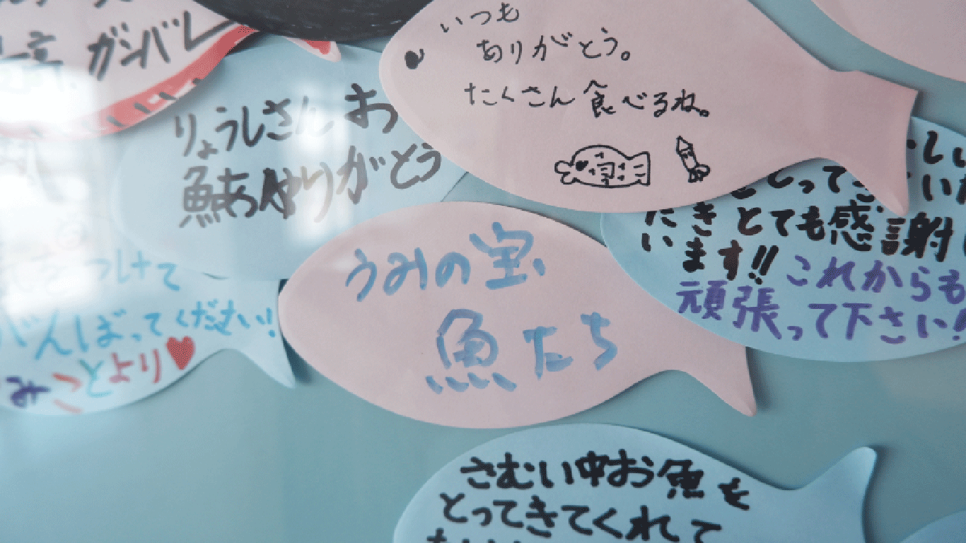 A sticker that reads "treasure of the sea - fish" is seen on the wall in the building of the Fukushima Prefectural Federation of Fisheries Cooperative Associations. Photo: Xu Keyue/GT