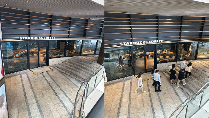 Left: Picture of an empty Starbucks store from Yon's post. Right: People walking by the Starbucks near Shanghai World Financial Center on Monday. Photo: GT staff reporter