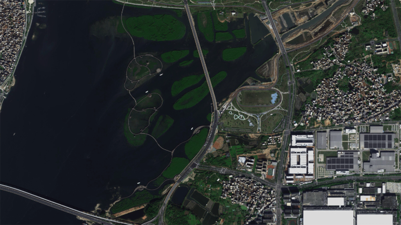 Satellite remote sensing image of Tongan Bay after the full construction of Xiatanwei Mangrove Park in February 2023. Photo: Courtesy of Xiatanwei Mangrove Park