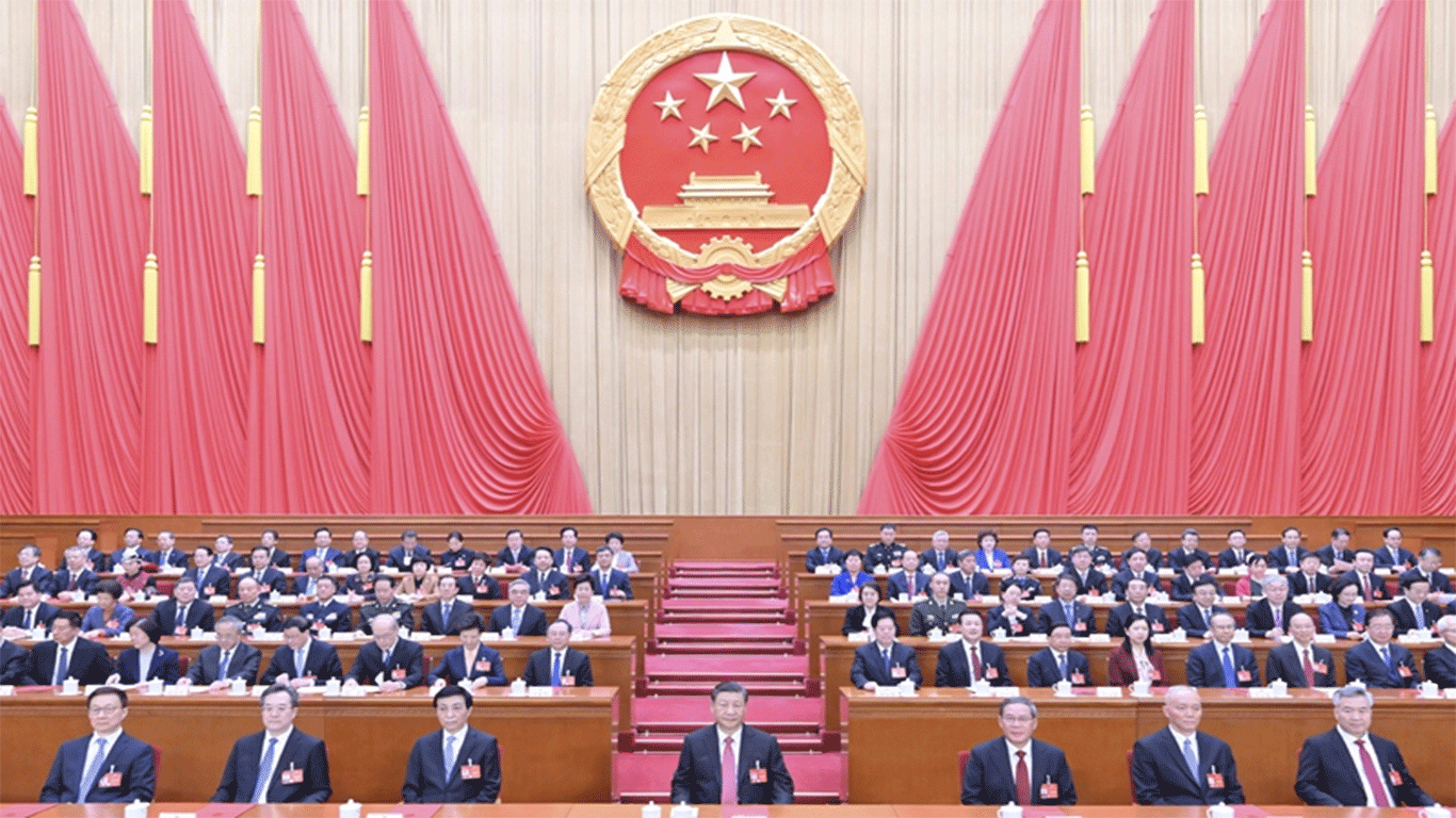 Xi Jinping and other top Chinese leaders attend the closing meeting of the second session of the 14th National People's Congress on March 11, 2024 at the Great Hall of the People in Beijing. Photo: Xinhua