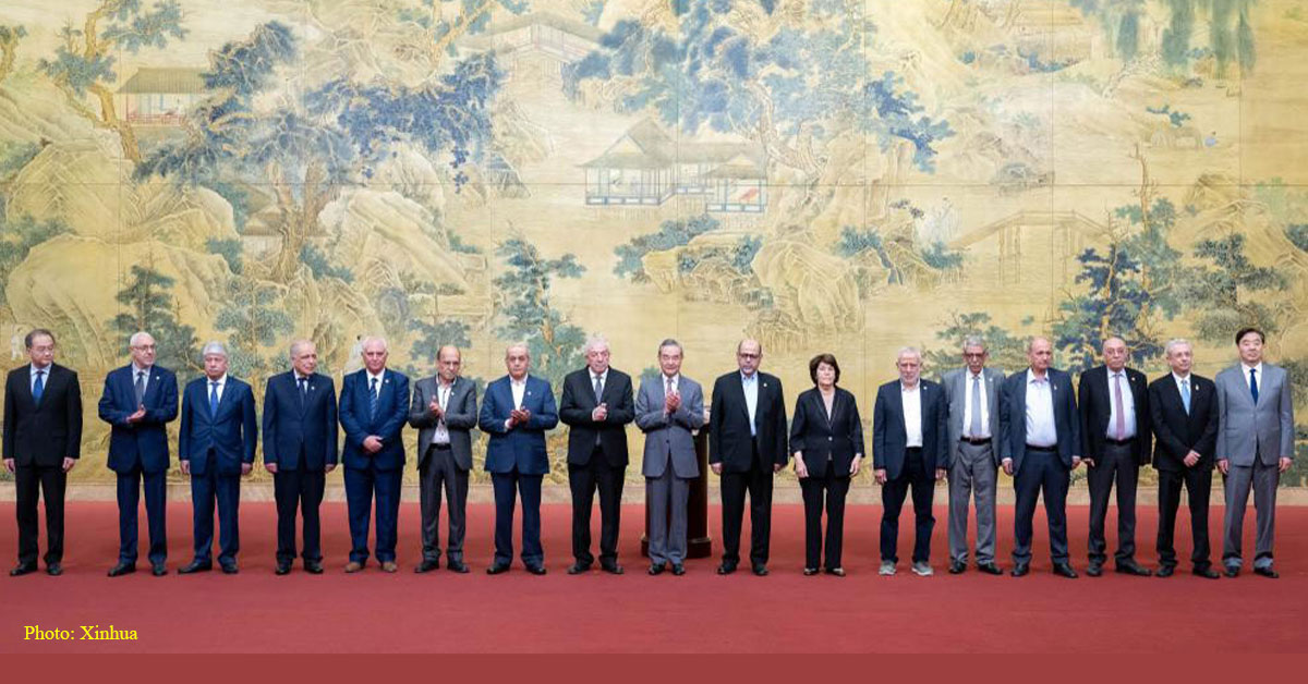 Palestinian National Unity, Chinese Foreign Minister Wang Yi, also a member of the Political Bureau of the Communist Party of China Central Committee, attends the closing ceremony of a reconciliation dialogue among Palestinian factions and witnesses the signing of a Beijing declaration on ending division and strengthening unity by 14 Palestinian factions, in Beijing, capital of China, July 23, 2024. Photo: Xinhua