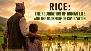 An elderly farmer and his granddaughter overlook a lush green rice field at sunrise, symbolizing rice as the foundation of human life and the backbone of civilization.