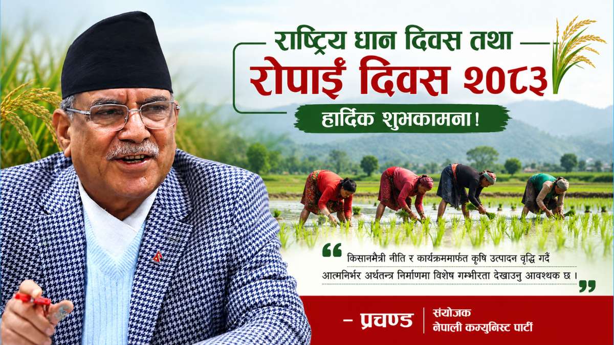 नेकपाका संयोजक क. प्रचण्डद्वारा राष्ट्रिय धान दिवस २०८३ को शुभकामना, किसानमैत्री नीति र कृषि आत्मनिर्भरतामा जोड